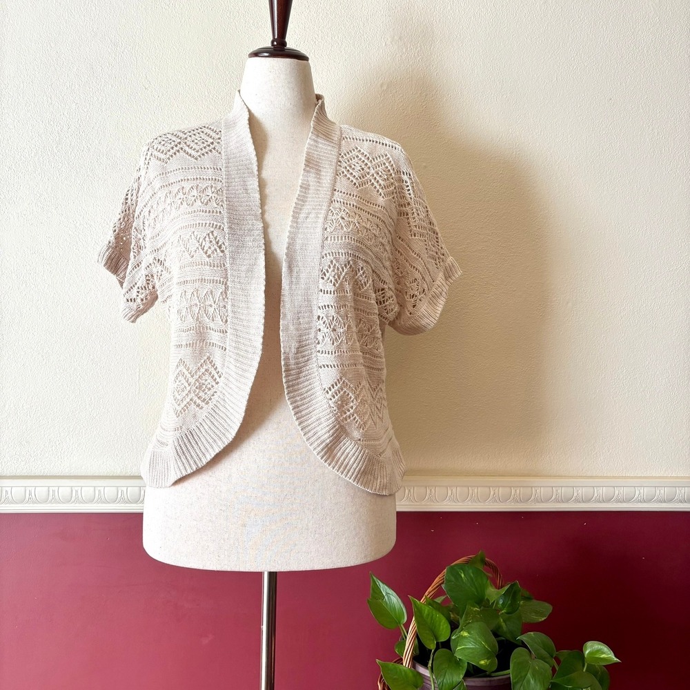 Croft & Barrow Petite XL Beige 100% Cotton Pointelle Knit Open Shrug Cardigan